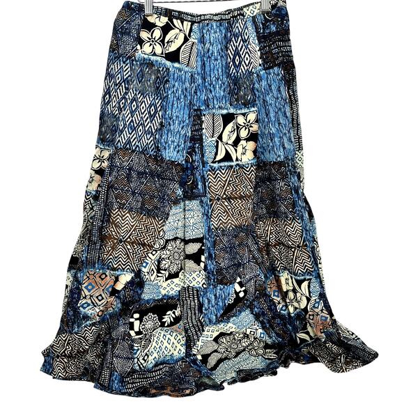 Chico's Maxi Skirt Womens Medium Blue Patchwork Floral Lined Boho Coastal - Picture 2 of 8